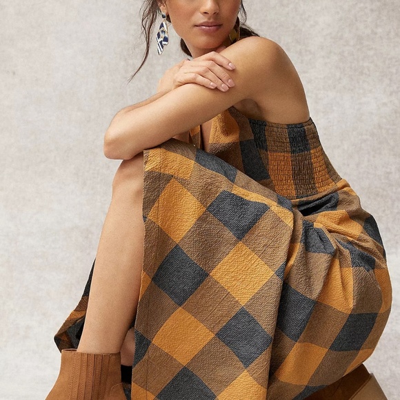 Anthropologie Maeve Gingham Maxi Cotton Sleeveless Dress Mustard Black S - Picture 3 of 14